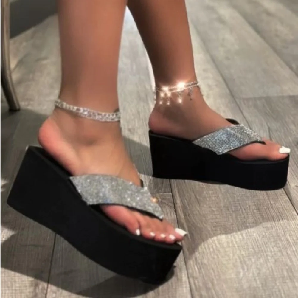 Wild Diva Heat Black Y2K Rhinestone Embellished Ultra Platform Wedge Sandal